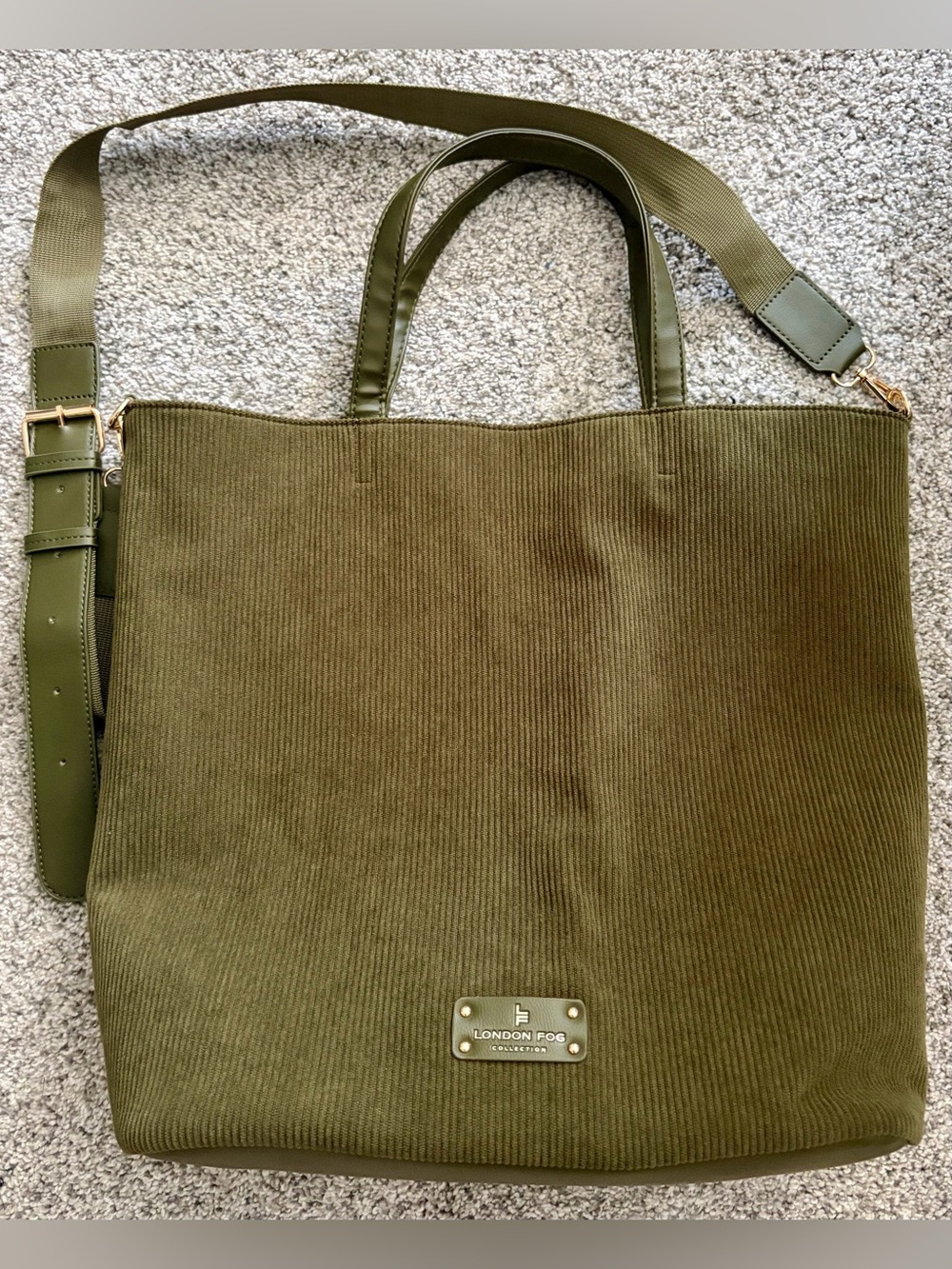 London Fog Olive Canvas Tote with Adjustable Shoulder Strap